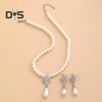 1 комплект ювелирных изделий, серьги из искусственного жемчуга, ожерелье, регулируемая длина, декор со стразами, полированные украшения для выпускного вечера, свадьбы, вечеринки, невесты, украшения серебро белый