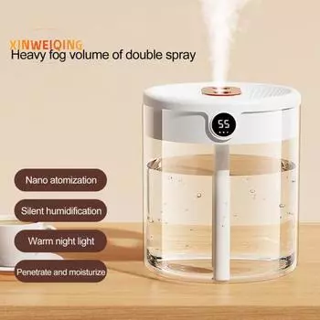 1 комплект увлажнителя воздуха объемом 2 л с ночником — цифровой дисплей, двойная насадка, наномасштабное время тумана белый
