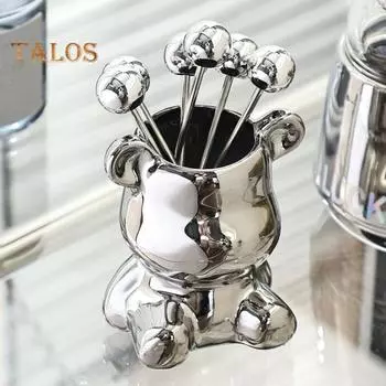 1 комплект, вилка для фруктов, мультяшное зеркало для хранения, полированная, красивая, столовая, кухня, набор вилок для фруктов, банка для хранения, использование в ресторане серебряный