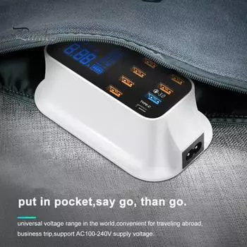 1 комплект зарядного адаптера с зеркальным цифровым дисплеем, выходом USB, интеллектуальным чипом, функцией перенаправления, быстрой зарядкой 40 Вт, 8 портов, защитой от перезарядки, зарядным устройством PD EU Plug