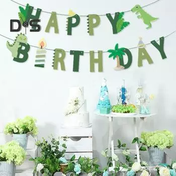 1 комплект зеленых подвесных флажков, антивыцветающих, премиум-гирлянд с изображением динозавра на день рождения, баннер «С днем рождения» зелёный