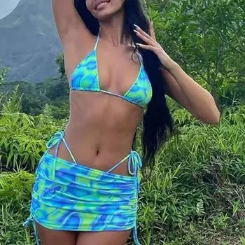 1 комплект женщин бикини на шнуровке анти-пиллинг прозрачная печать провод бесплатный купальный костюм для отдыха M оранжевый