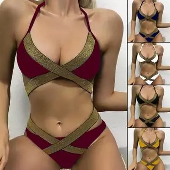 1 комплект женщин бикини с высокой талией тонкий на шнуровке сплит-дизайн купальный костюм M вино красного