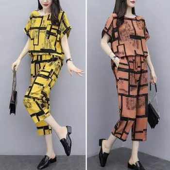 1 комплект, женская рубашка, свободный крой с эластичной резинкой на талии и карманом, изысканный узор, круглый вырез, женский декоративный принт L коричневый