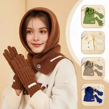 1 комплект, женская зимняя шапка, перчатки, комплект, вязаный эластичный шарф с застежкой на пуговицы, интегрированная защита головы и шеи, балаклава, велосипедные перчатки с пятью пальцами белый