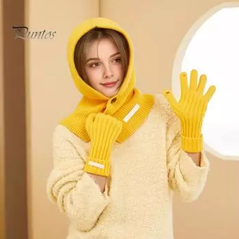 1 комплект, женская зимняя шапка, перчатки, комплект, трикотажный однотонный, застежка на пуговицы, эластичный шарф, интегрированная защита головы и шеи, балаклава для велоспорта, пять пальцев белый