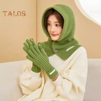 1 комплект, женская зимняя шапка, перчатки, комплект, трикотажный однотонный, застежка на пуговицы, эластичный шарф, интегрированная защита головы и шеи, балаклава для велоспорта, пять пальцев белый