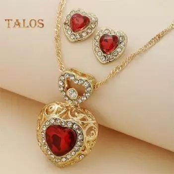 1 комплект, женские серьги-колье, набор серег с кулоном в форме сердца, искусственный кристалл, одинаковые по цвету роскошные серьги-гвоздики для выпускного вечера, свадьбы, серьги-гвоздики, комплект на шею синий