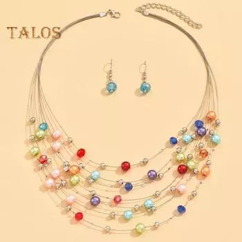 1 комплект женских ожерелий и серег, многослойные цветные искусственные жемчужины в богемном стиле, регулируемая длина, серьги-крючки с искусственными кристаллами, украшения для выпускного вечера и шеи разноцветный