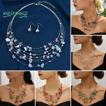 1 комплект женских серег-колье - многослойный декор из камней, богемный стиль, украшения для ушей, комплект ожерелья зелёный