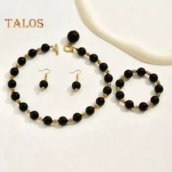 1 комплект женских ювелирных изделий, серьги из искусственного жемчуга, ожерелье, браслет, контрастный цвет, стразы, декор, полированные, выпускной, свадебная вечеринка, невеста, ювелирные изделия чёрный