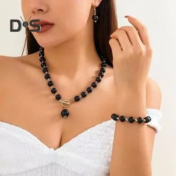 1 комплект женских ювелирных изделий, серьги из искусственного жемчуга, ожерелье, браслет, контрастный цвет, стразы, декор, полированные, выпускной, свадебная вечеринка, невеста, ювелирные изделия чёрный