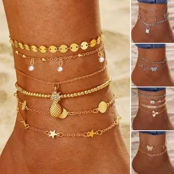 1 комплект, женский браслет на лодыжку, многослойный, в винтажном стиле, с бусинами, регулируемый, ананас, сплав, стразы, женская пляжная цепочка на лодыжку, ювелирные изделия G