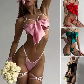 1 комплект женский бюстгальтер трусики комплект с кольцом на бедре бант декор без рукавов спинка глубокий вырез S