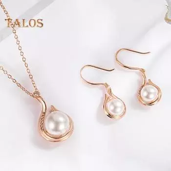 1 комплект, женский комплект ювелирных изделий, искусственный жемчуг, декор со стразами, регулируемая длина, полированные висячие серьги, вечерние, вечерние, для невесты, свадебное ожерелье с подвеской серебро белый