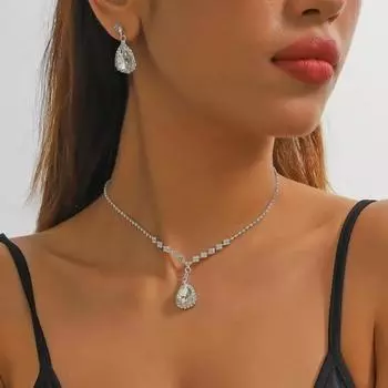 1 комплект, женский комплект ювелирных изделий, ожерелье со стразами, серьги для выпускного, свадьбы, вечеринки, невесты, висячие серьги с каплями воды, официальные случаи, украшения на шею розовый