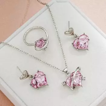 1 комплект, женский комплект ювелирных изделий, серьги, кольцо, ожерелье, комплект, сердце, горный хрусталь, гальваническое покрытие, легкая невеста, свадебные серьги-шпильки, ожерелье с подвеской для выпускного вечера розовый