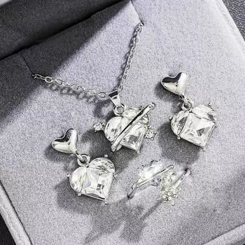 1 комплект, женский комплект ювелирных изделий, серьги, кольцо, ожерелье, комплект, сердце, горный хрусталь, гальваническое покрытие, легкая невеста, свадебные серьги-шпильки, ожерелье с подвеской для выпускного вечера розовый