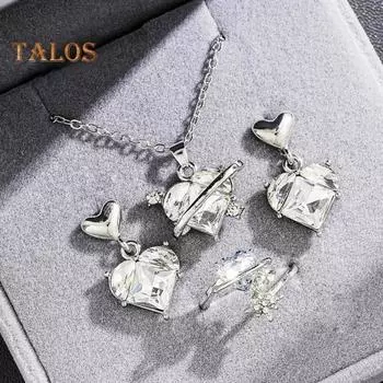 1 комплект, женский комплект ювелирных изделий, серьги, кольцо, ожерелье, комплект, сердце, горный хрусталь, гальваническое покрытие, легкая невеста, свадебные серьги-шпильки, ожерелье с подвеской для выпускного вечера розовый