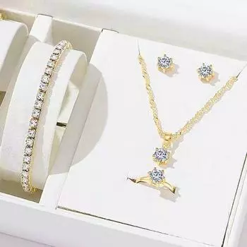 1 комплект, женский комплект ювелирных изделий, серьги, браслет, ожерелье, кольцо со стразами, регулируемое кольцо из нержавеющей стали, цветостойкий, легкий, женский подарок на день рождения, подарок для мамы серебряный