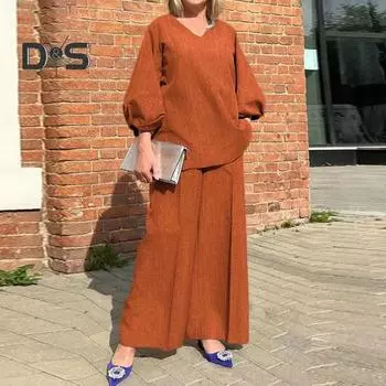 1 комплект женский костюм топ с V-образным вырезом и широкие брюки дышащая ткань свободный комплект из двух предметов на весну осень M оранжевый