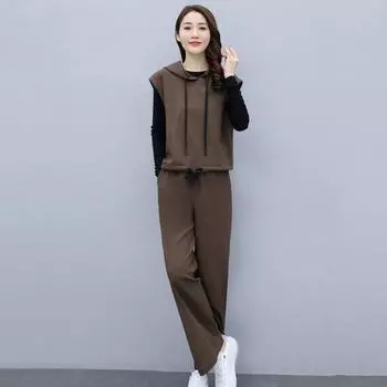 1 комплект женский повседневный костюм черный топ с капюшоном жилет пальто эластичный пояс широкие брюки комплект из трех предметов весна осень дамский элегантный наряд для отдыха и офиса XL кофейный