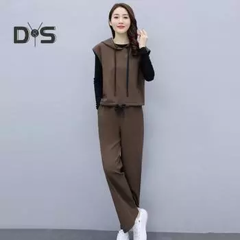 1 комплект женский повседневный костюм черный топ с капюшоном жилет пальто эластичный пояс широкие брюки комплект из трех предметов весна осень дамский элегантный наряд для отдыха и офиса XL кофейный