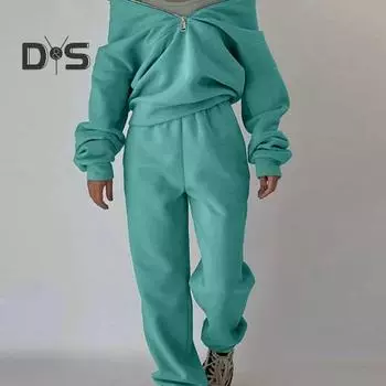 1 комплект, женский спортивный костюм, однотонный, удобный женский комплект из двух предметов для осени и зимы, спортивная повседневная одежда 2XL синий