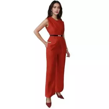1 комплект женский топ-брюки костюм нарядный повседневный летний однотонный безрукавка рубашка с поясом широкие брюки комплект из двух частей домашний костюм S красный