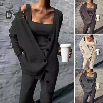 1 комплект женский трикотажный наряд майка кардиган брюки комплект из трех предметов однотонный длинный рукав трикотажный костюм весна осень женский офис досуг дорожный 2XL темно-серого