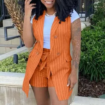 1 комплект, женский жилет, костюм без рукавов, прямой жилет больших размеров, шорты с принтом в полоску, комплект для офиса M зелёный