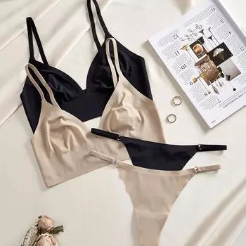 1 комплект/женское нижнее белье бесшовный ультратонкий бюстгальтер из ледяного шелка сексуальный глубокий V беспроводной пуш-ап бюстгальтер комфортное мягкое белье для сна S чёрный