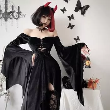 1 комплект, женское платье для косплея с ожерельем, повязка на голову и чулки, готический стиль, костюм ведьмы на Хэллоуин, ажурный костюм без воротника с длинными рукавами «летучая мышь» L A