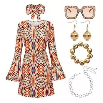 1 комплект, женское платье, комплект с повязкой на голову, ретро с пайетками и рукавами-колокольчиками, свободный крой, с принтом, Хэллоуин, косплей, хиппи, дискотека, танцевальная вечеринка, бронзовое вечернее платье XL фиолетовый