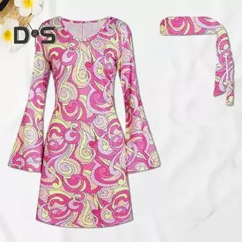 1 комплект, женское платье, комплект с повязкой на голову, ретро с пайетками и рукавами-колокольчиками, свободный крой, с принтом, Хэллоуин, косплей, хиппи, дискотека, танцевальная вечеринка, бронзовое вечернее платье XXL синий