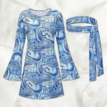 1 комплект, женское платье, повязка на голову, ретро, блестки, расклешенные рукава, свободный крой, принт, Хэллоуин, косплей, хиппи S синий