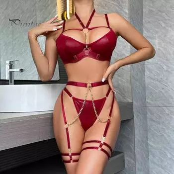 1 комплект, женское сексуальное нижнее белье с несколькими ремнями, бретелька на шее, эластичный пуш-ап, мягкая цепочка с высокой талией, декор для медового месяца, женский бюстгальтер, трусики, комплект S