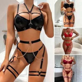 1 комплект, женское сексуальное нижнее белье с несколькими ремнями, бретелька на шее, эластичный пуш-ап, мягкая цепочка с высокой талией, декор для медового месяца, женский бюстгальтер, трусики, комплект L