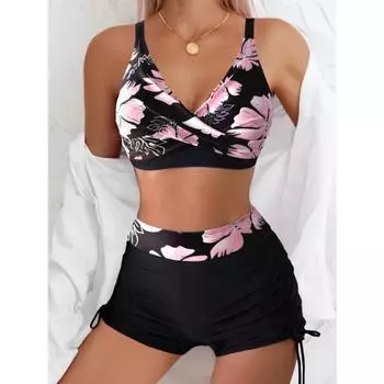 1 комплект женского купальника танкини с цветочным принтом, полиэстер высокой эластичности, перекрещенные бретели, трикотажное полотно, шорты S чёрный