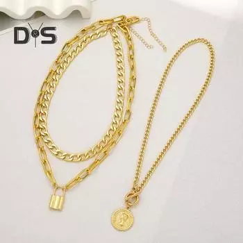 1 комплект женского ожерелья золотистого цвета с блестками, полированная толстая полая цепь с замком, подвеска в стиле хип-хоп, ювелирные изделия для клуба золотистый