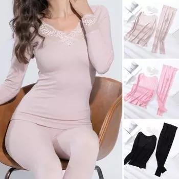 1 комплект женского термобелья, осенне-зимний кружевной V-образный вырез, длинный рукав, рубашка, длинные брюки, теплая основа для холодной погоды, верхние леггинсы серый