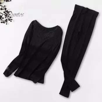 1 комплект женского термобелья, осенне-зимний кружевной V-образный вырез, длинный рукав, рубашка, длинные брюки, теплая основа для холодной погоды, верхние леггинсы серый