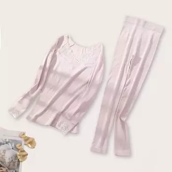 1 комплект женского термобелья, осенне-зимний кружевной V-образный вырез, длинный рукав, рубашка, длинные брюки серый