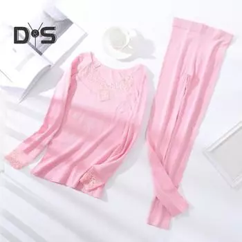 1 комплект женского термобелья, осенне-зимний кружевной V-образный вырез, длинный рукав, рубашка, длинные брюки, теплая основа для холодной погоды, верхние леггинсы серый