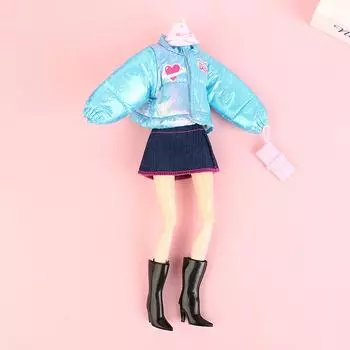 1 комплект, зимняя синяя хлопковая куртка для куклы, джинсовая короткая юбка, шарф, сумка для обуви, комплект onesize