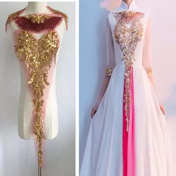 1 комплект золотых аппликаций с пайетками, красная синяя вышитая кружевная ткань, свадебные нашивки для украшения платья своими руками