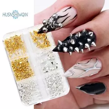 1 коробка, 6 сеток, мини-металлические подвески для ногтей, уникальные украшения для начинающих, профессионалов золотой/чёрный