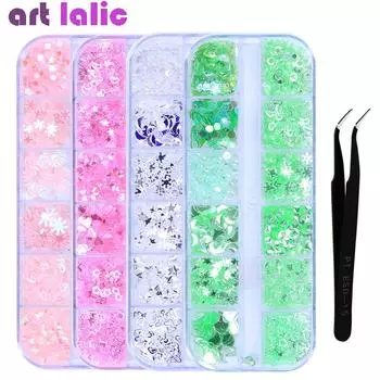 1 коробка конфетного цвета с блестками для ногтей, смешанный дизайн, подснежник, звезда, луна, блестящие хлопья с блестками, декор для ногтей с пинцетом зелёный