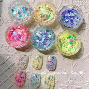 1 коробка, светящиеся блестки для ногтей, женские флуоресцентные блестящие блестки для ногтей, украшения для ногтей, маникюрные аксессуары для 6