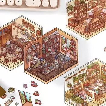 1 лист 3D Пейзаж Хижина Сумка Наклейки Наклейка для питомца Милый мультфильм Карманный DIY Сцена Ландшафтный Декор Наклейка